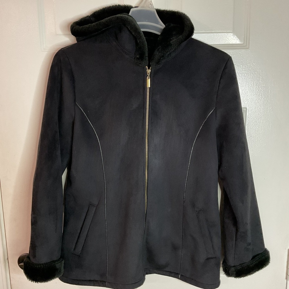 Marvin Richards Women Black Faux Suede Faux Fur Hooded Parka Jacket Medium